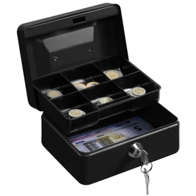 Image of H&amp;S Money Box with Key 6 inch Tin Lock Small Lockable Cash Coin Tray for Petty Coins Notes Locking Metal Safe 2 Keys Black Matt