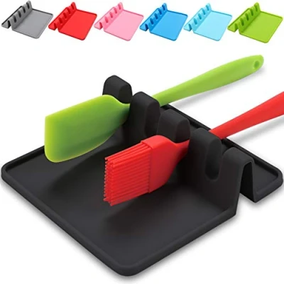 Image of Spoon Holder Kitchen,Silicone Rest Kitchen,Tea Rests,Teabag Dish,Teaspoon Rest,Silicone Cooking Utensil with Drip Pad,Kitchen for Spoons, Ladles, Tongs,Spatula(Black)