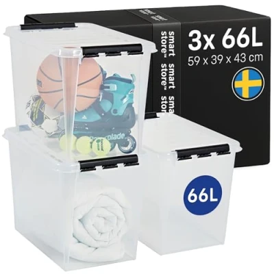 Image of SmartStore 61L Large Plastic Storage Boxes with Lid, 3 Pack, Reinforced, Clear, 10 Year, Food Safe, Clip Locked, Stackable and Nestable, L59 x W39 H43cm