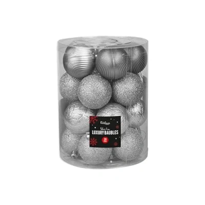 Image of Christmas BAUBLES LUXURY silver Tree Decorations set of 20 (6 cm) combination Shiny,Matt and Glitter. Comes complete with a colour matched hanging thread.