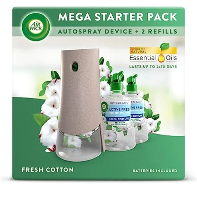 Image of Air Wick Aerosol Free Automatic freshener Spray Bundle Kit, Fresh Cotton, 1 gadget &amp; 2 Refills (228ml), 24x7 Active Odour Neutraliser, Lasts Up to 140 Days, For Home