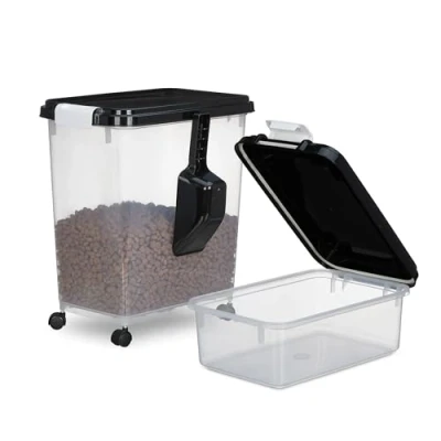 Image of Dog Food Storage Container, Set of 2, 10L and 30L, Lid, Castors, Scoop, Feeding Bin, Transparent/Black Relaxdays