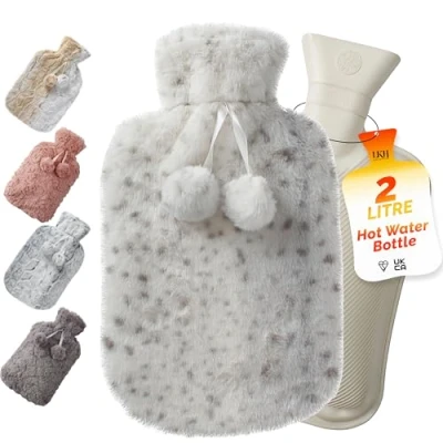 Image of LKH Hot Water Bottle with Cover UK 2L Pom Poms for &amp; Cold Compress Washable Super Soft Sherpa Fleece Faux Fur Hand Warmer Neck Shoulder Pain Relief