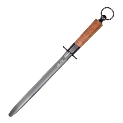Image of MITSUMOTO SAKARI 10 Inch Japanese Knife Sharpening Honing Rod, Professional Kitchen Sharpener, Black Diamond Flat Steel (Rosewood Handle)