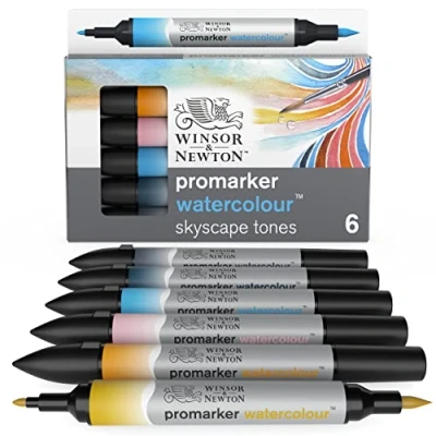 Image of Winsor &amp; Newton,6 Aquarellmarker im Set,Multicolour 0290168 Watercolour Skyscape Tones Marker Set, Cadet Blue/Cloud Blue/Pale Blossom/Pebble Blue/Storm Cloud/Verdigris