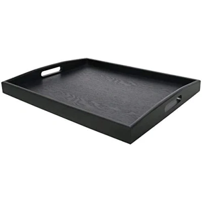 Image of Dudoplatz Large Rectangular Wooden Serving Tray with Handle in Black Wood (40x28 cm)