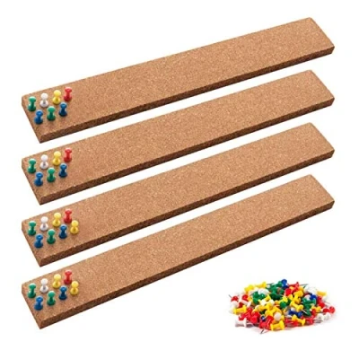 Image of 4 Pieces Cork Bulletin Bar Strip Bulletin, Push Pins Bars, Board Strip, Suitable for Displaying Memo, Document Paper, Message