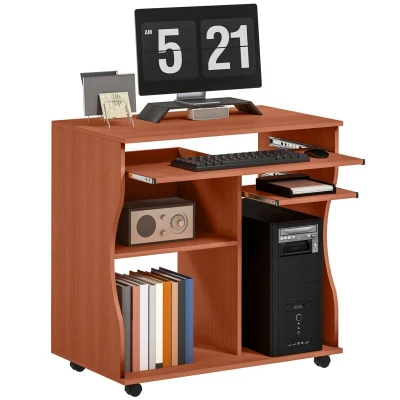Image of HOMCOM Movable Computer Desk with Sliding Keyboard Tray, PC Laptop Table Storage Shelves, Workstation on Wheels, 80x48x76cm
