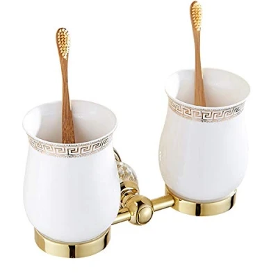 Image of WOMAO Toothbrush Holders Wall Mounted Gold Ceramic Crystal Cups for Bathroom Toilet Double Design European Style Razor Holder Organiser