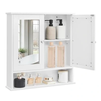 Image of VASAGLE Bathroom Cabinet with Mirror, Wall 2 Mirrored Doors and Open Compartment, Adjustable Shelf, Mounted, 13 x 56.5 58.5 cm, White LHC002