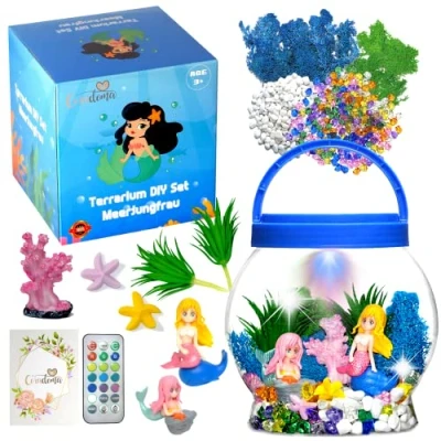 Image of Terrarium Kit (Unicorn/Dinosaur/Mermaid) for Children, DIY Craft Set, Toy Set with Night Light, Lamp, Boys and Girls, Gifts 3, 4, 5, 6, 7, 8+ Years, Crafts, Creative Decoration (Blue Mermaid)