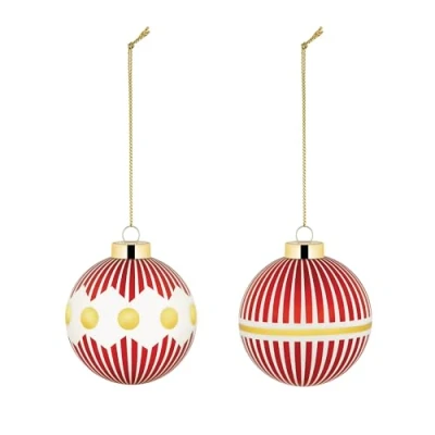 Image of Alessi Delight NZ04SET1 Set of Two Christmas Tree Baubles Blown Glass Diameter 6 cm Red White Gold