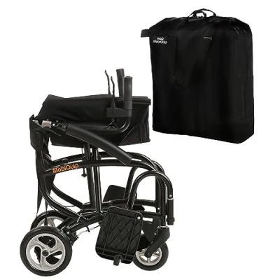 Image of MobiQuip 8kg Travel Wheelchair, Ultra Lightweight, Compact, Folding Attendant Propelled, Light Aluminium Frame, Portable Transit Mobility Wheelchair with Carry Bag