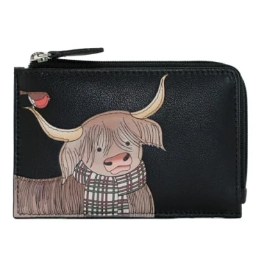 Image of Mala Leather Callum Highland Cow &amp; Robin RFID Coin Card Purse (Black)