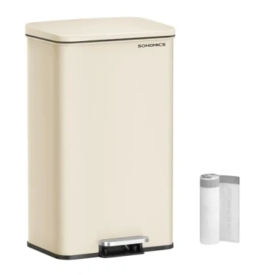 Image of SONGMICS Kitchen Bin, 10.5 Gallon (40 L) Rubbish Large Step Bin with Lid, Steel, Soft Close, 15 Liner Bags Included, Sand Beige LTB540A02