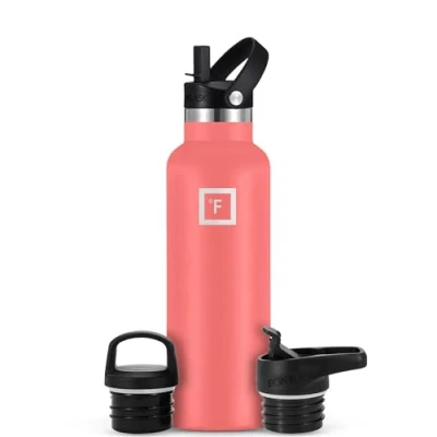 Image of Insulated Water Bottle with Straw Lid Narrow 590ml (3 Lids) Cold 24hrs &amp; Hot 12hrs Drinks Double Walled Stainless Steel Metal Leakproof Travel Sports Gym Camping Hiking Hydration Flask