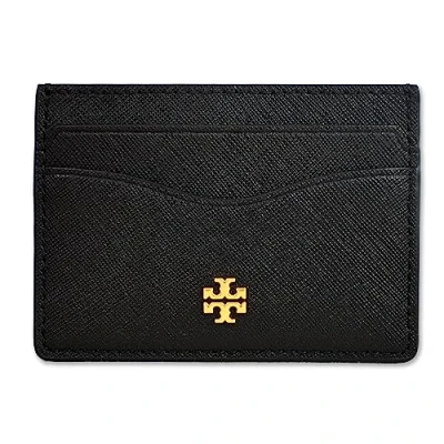 Image of Tory Burch Womens 136101 Saffiano Leather Emerson Slim Card Case Wallet, (001 Black), 001 Black, Sleek Modern