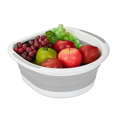 Image of Relaxdays Foldable Strainer, Pasta, Plastic Draining Basket, Dimensions: HxWxD: 13.5 x 33.5 32.5 cm, Grey and White, 13.5x33.5x32.5 cm