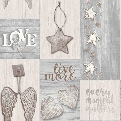 Image of 3D Wood Effect Patchwork Wallpaper Grey Rose Gold Metallic Stars Hearts Angel from YöL