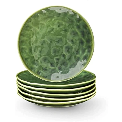 Image of Ceramic Round Dessert Salad Plates 8 Inch Plates, Set of 6, Microwave, Oven, and Dishwasher Safe, Scratch Resistant, Porcelain Fluted Suitable for Appetizer, Home, Party (Green)