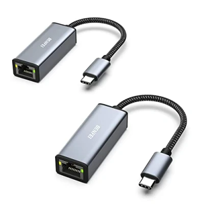 Image of BENFEI USB C to Ethernet Adapter 2 Pack, Type (Thunderbolt 3) RJ45 Gigabit 1000 Mbps Compatible for MacBook Pro 2019/2018/2017, Air and More[Aluminium Shell&amp;Nylon Cable]