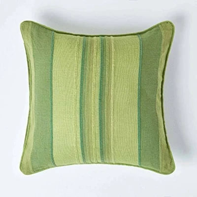 Image of HOMESCAPES Morocco Striped Cushion Cover 18 x Inches Green Dark Light 100% Cotton Coordinating with Throws and Curtains Easy care Washable at home