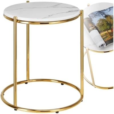 Image of TecTake® Marble Coffee Table in Round Design with Robust &amp; Removable Top, Sturdy Steel Frame Height Adjustable Feet, Elegant Side for Living Room, Bedroom Hallway White/Gold