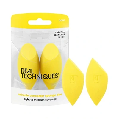 Image of Real Techniques Miracle Concealer Sponge, Makeup Blending Sponge For Liquid &amp; Cream Concealer, Elongated Shape Precise Application Under Eyes Tight Areas, Yellow Latex Free Foam, 2 Count