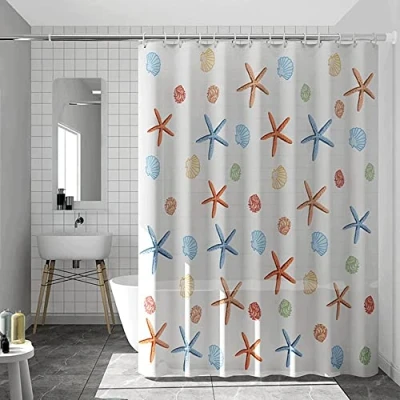 Image of WOODFIB Shower Curtain, 100% PEVA Waterproof Anti Mould Proof Resistant, Quick Drying, Washable Bathroom Includes 12 Pcs Curtain Hooks, 180 x 200 cm (Starfish)