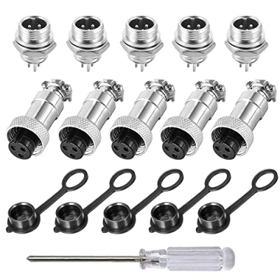 Image of Aiqeer 5 Pcs 3 Pin GX12 Aviation Connector, 12 mm Thread Panel Metal Cable 5A Male Female Connector Plug Socket Kit, with Rubber Cap and Phillips Screwdriver