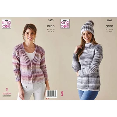 Image of King Cole Acorn Aran Knitting Pattern 5805 Sweater, Cardigan &amp; Hat