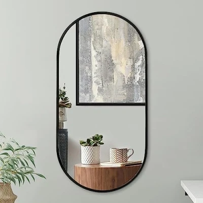 Image of Americanflat 50x100 cm Black Oval Mirror Aluminium Framed Large Bathroom Wall for Living Room and Bedroom Hanging with Modern Rounded Frame