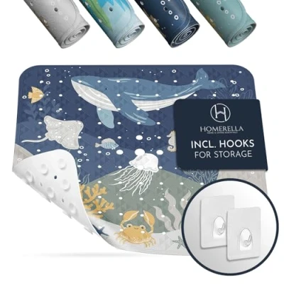 Image of Homerella Children&#039;s Shower Mat, Skin Sensitive, 53 x cm, Including Hooks for Storage, Mat Non Slip Anti Mould, BPA Free, Latex Square