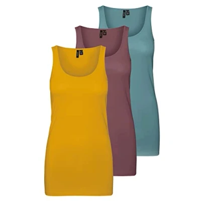 Image of VERO MODA Women&#039;s VMMAXI My Soft Long Tank Top GA 3P, Yellow/Pink/Green (1x Chai Tea/1x Rose Brown/1x North Atlantic), S