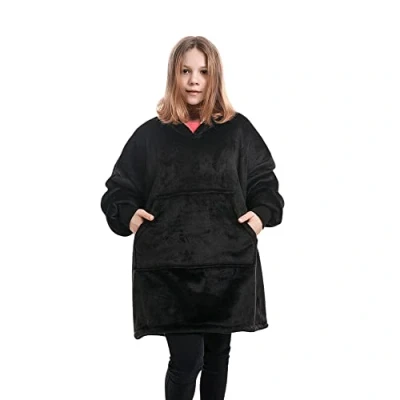Image of 1ABOVE 75cm Oversized Sherpa Hoodie Ultra Soft Hooded Super Warm Comfortable Sweatshirt Fleece Cosy Comfy for Children Blanket with Sleeves and Pocket (BLACK)