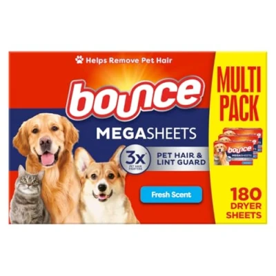 Image of Bounce Pet Hair and Lint Guard Mega Fabric Softener Dryer Sheets with 3X Fighters, Fresh Scent, 180 Count, Sheets, Remover for Laundry