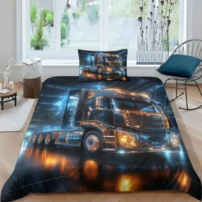 Image of GEEYOU Truck Comfortable Comforter Cover Hidden Zipper Cars Duvet Set with Pillowcases Quilt Soft Microfiber Bedding Various Sizes Single（135x200cm）