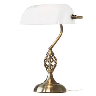 Image of Kingswood Barley Twist Traditional Bankers Lamp Antique Brass Opal Glass Desk/Table