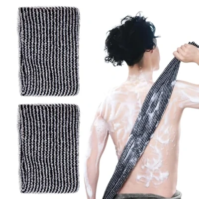 Image of EUPSIIU 2 Pieces Exfoliating Body Scrubber, Extra Long Towel, Shower Wash Black Cloths, Washcloth, Loofah, Special Texture Makes Fluffy Foam Lather for Cleaning Dirt on The Skin (Black)