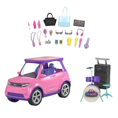 Image of Barbie: Big City, Dreams Transforming Vehicle Playset, Pink 2 Seater SUV Reveals Stage, Drum Set &amp; Concert Themed Accessories, Gift for 3 to 7 Year Olds, GYJ25