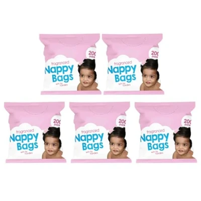 Image of ANGIX 5 x Fragranced Nappy Bags with Tie Handles, Disposable Sacks for Home &amp; Travel, Baby Waste Diaper Changing Bin
