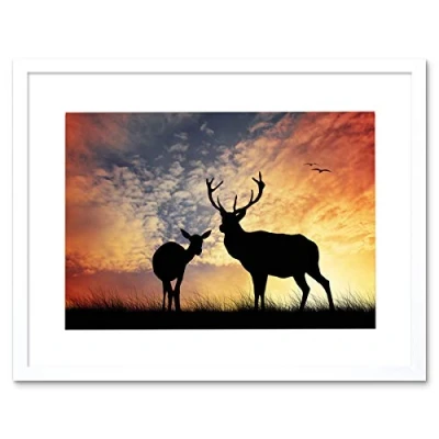 Image of Wee Blue Coo Photo Composition Deer Silhouette Sunset Sky Stag Framed Print Picture F12X814