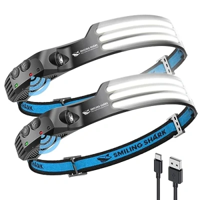 Image of Smiling Shark LED Rechargeable Headlamp, 230Wide Angle 2 Pack 3*White Light Lightweight HeadLamps Motion Sensor Waterproof Headlight for Camping Hiking Outdoor (White)