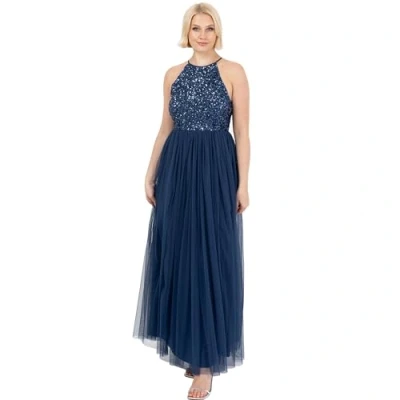 Image of Maya Deluxe Women&#039;s Ladies Bridesmaid Maxi Dress Halter Neck Sequin Embellished Prom Graduation Wedding, French Navy, 14