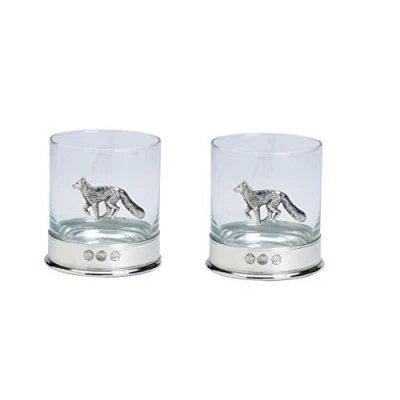 Image of Lead Free pewterware Mounted 12oz Whisky Glass with a Running Fox Emblem in Presentation Box of 1 or 2 Glasses (2)