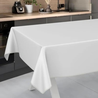 Image of ANRO Oilcloth Tablecloth, Washable, Oilcloth, Garden Outdoor, Indoor, 200 x 140 cm with Hem, White
