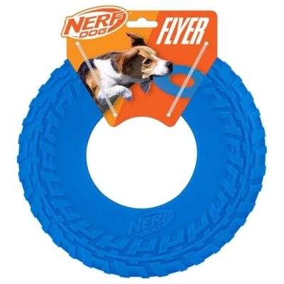 Image of Nerf Dog Rubber Tire Flyer Toy, Flying Disc, Lightweight, Durable, Floats in Water, Great for Beach and Pool, 10 Inch Diameter, Medium/Large Breeds, Single Unit, Blue, Original