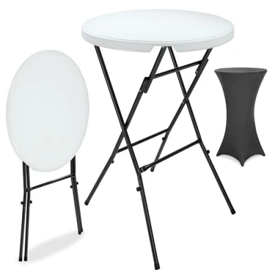 Image of Folding Bar Table with Stretch Cover Set 72 cm Round Tabletop 110cm High Cocktail Indoor Outdoor Weatherproof Foldable Event Party Wedding