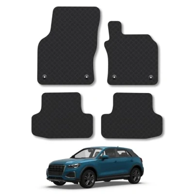 Image of Rubber Car Mats Compatible with Audi Q2 (2017+) Tailored Fit Floor Set Accessory Black Custom 4 Pieces Clips Anti Slip Backing, Heavy Duty &amp; Waterproof