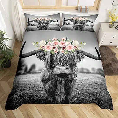Image of Homewish Grey Highland Cow Duvet Cover Single Kids Rose Floral Bull Cattle Bedding Set For Girls Teens Cute Western Funny Wildlife Animal Comforter Farmhouse Room Decor